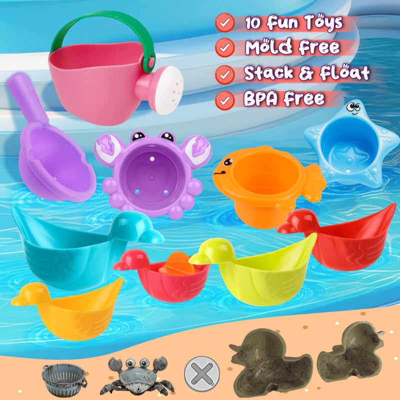 Babelshar 10 Pcs Bath Toys for Kids Ages 1-3, Bathtub & Pool Water Toys for Toddlers 1-3 & Babies 12-18 Months, Water Table Accessories with Floating Ducks, Stacking Cups & Pouring Fun for Boys Girls - Image 4
